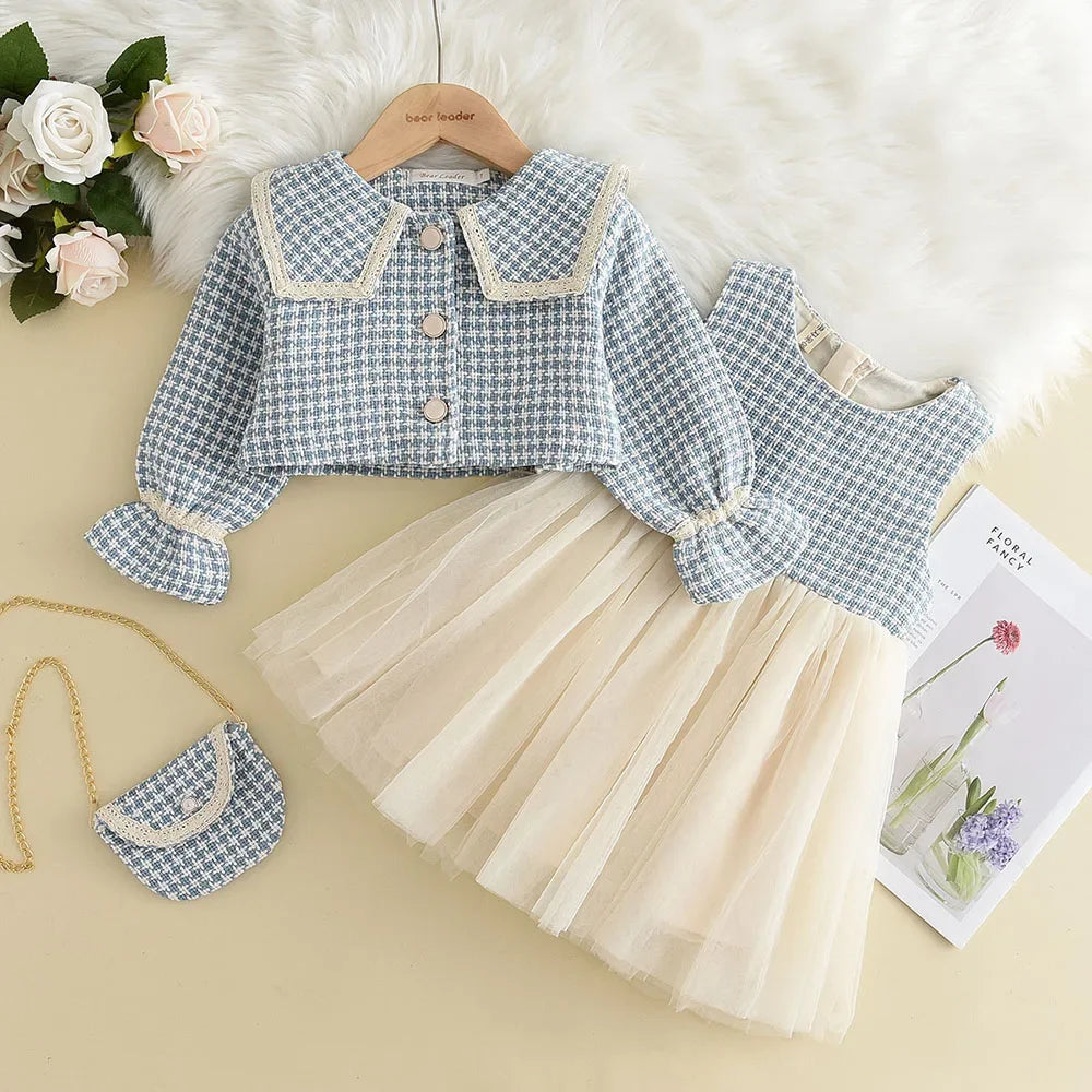 Three-piece girls' spring and autumn plaid vest dress set with retro coat, stylish baby party outfit by The Clothing Company Sydney.