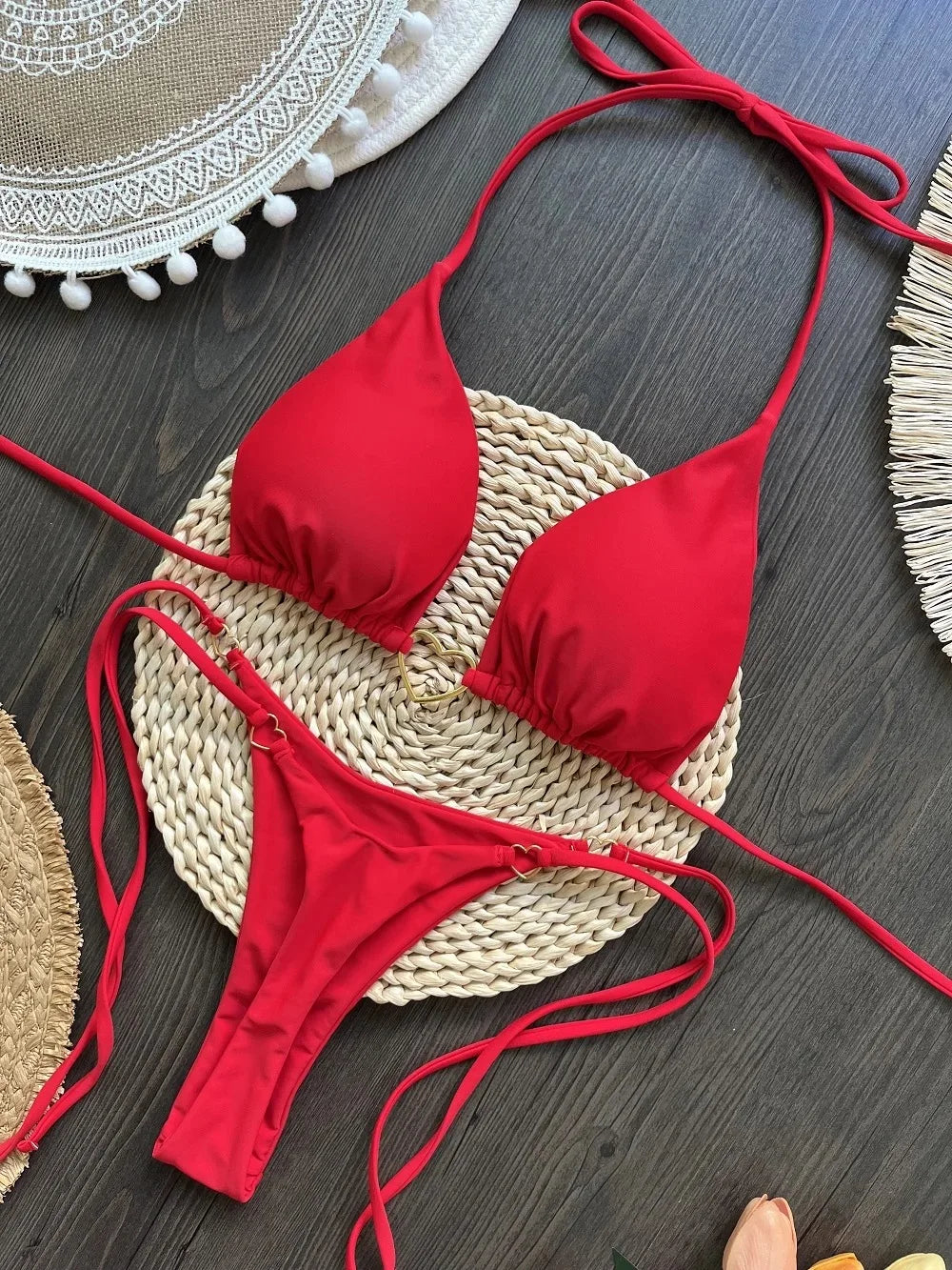 Halter Bikini Set Lace-Up Low Waist Two Piece Triangle Thong Swimwear Leopard Tie On Side Brazilian Micro Bikini Set