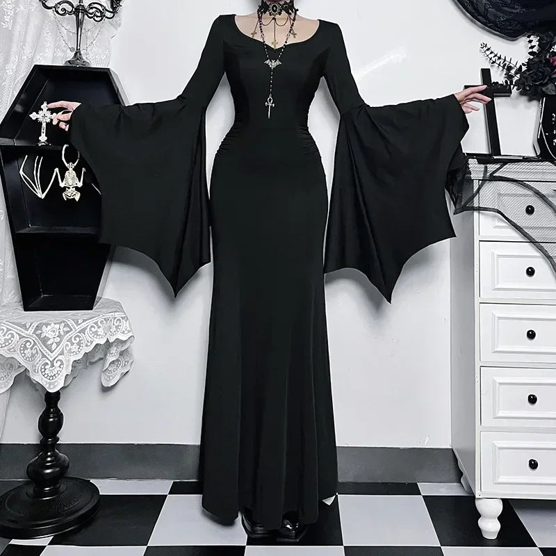 Women's black Gothic dress with batwing sleeves, Halloween costume by The Clothing Company Sydney featuring a stylish, dark costume look.
