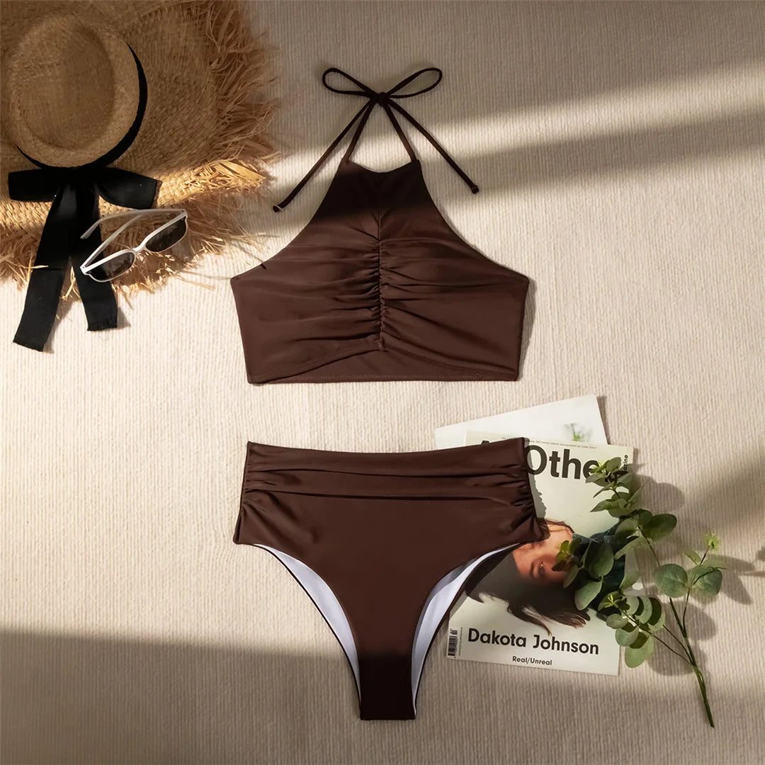 Halter wrinkled high neck high waist bikini set for women, stylish two-piece swimwear with high-cut bottoms and a fashionable design.