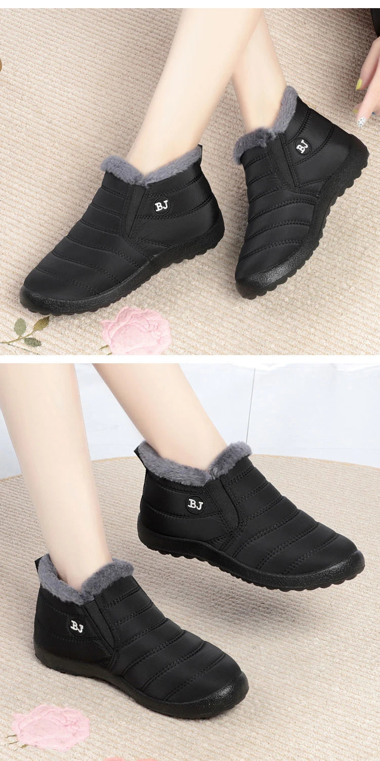 Women’s waterproof fur snow boots by The Clothing Company Sydney, slip-on ankle footwear with warm fur lining and sturdy soles.