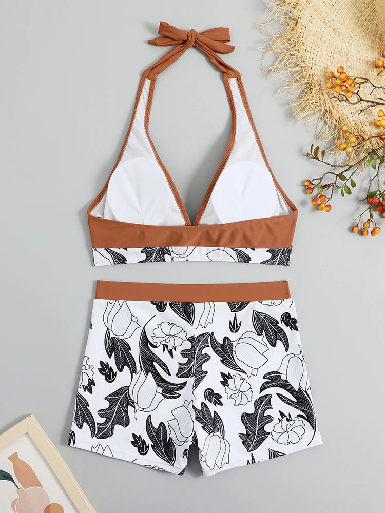 2 Piece Halter Bikini Set Shorts Swimsuit High Waist Swimwear Female Printed Bathers Swimming Bathing Swim Suit Beachwear - The Clothing Company Sydney