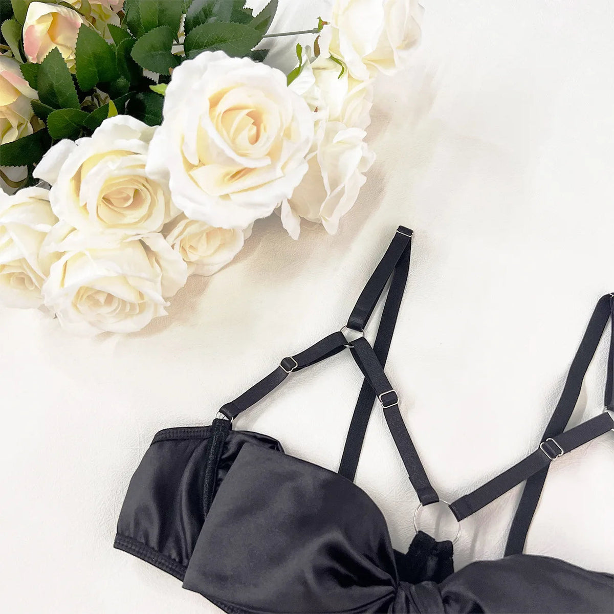 Bowknot Lingerie Open Bra Lace Up Underwear 3-Piece Satin Outfit Set The Clothing Company Sydney