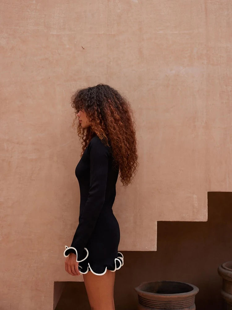 Autumn Knitted Mini Contrast Color Slim Sweater Dress Elegant Party Long Sleeve Dress - The Clothing Company Sydney