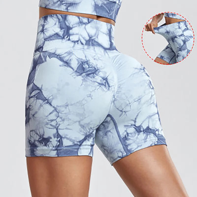 Women's tie dye gym shorts by The Clothing Company Sydney, high waist, seamless fitness bike shorts for summer outdoor workouts.