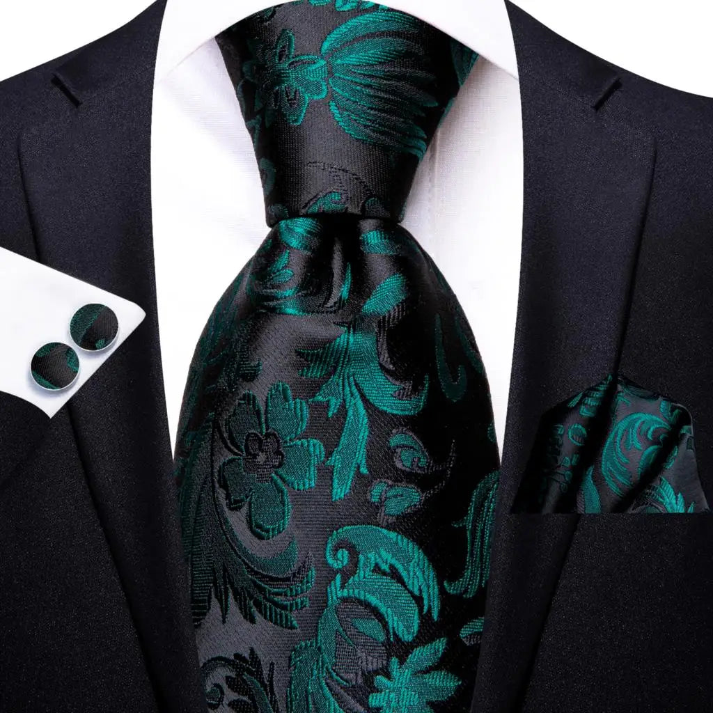 Green paisley silk tie set for men including necktie, pocket square, and cufflinks, stylish accessories from The Clothing Company Sydney.