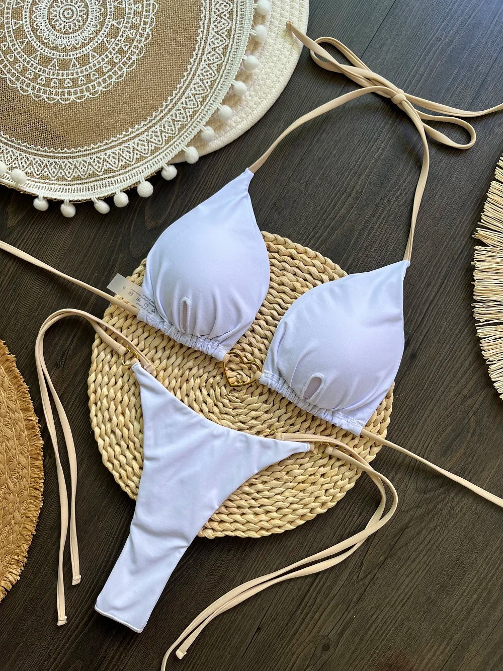 Solid color halter bikini set for women, two-piece triangle thong swimsuit by The Clothing Company Sydney, perfect for swimming and beachwear.