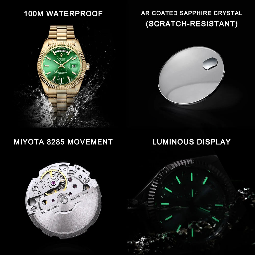 Cadisen DD40 men's luxury automatic wristwatch with AR sapphire glass, Miyota 8285 movement, and 10Bar water resistance.