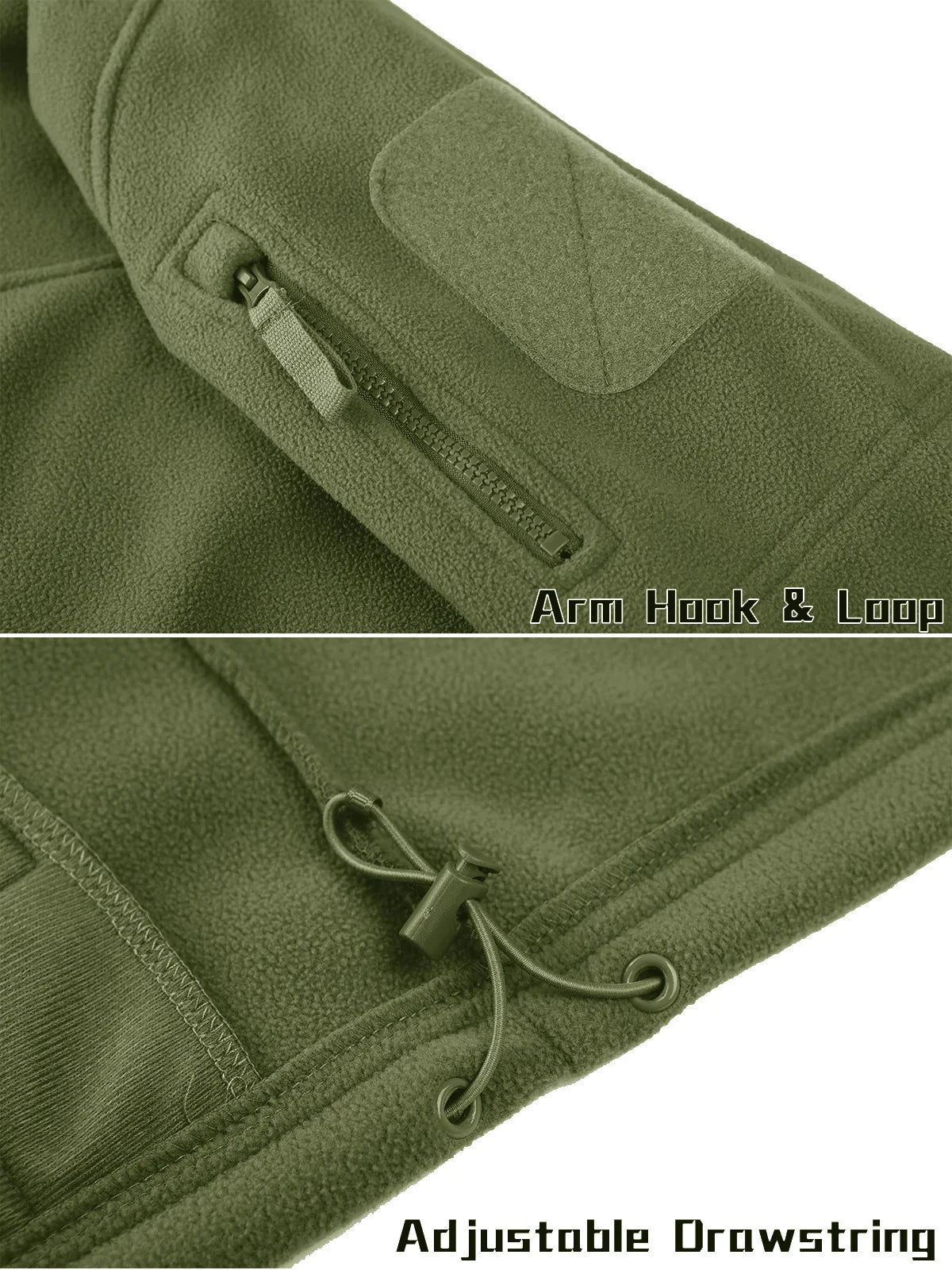 Men's green tactical fleece jacket with full zip, thermal lining, multiple pockets, and windbreaker design for outdoor work and hiking.