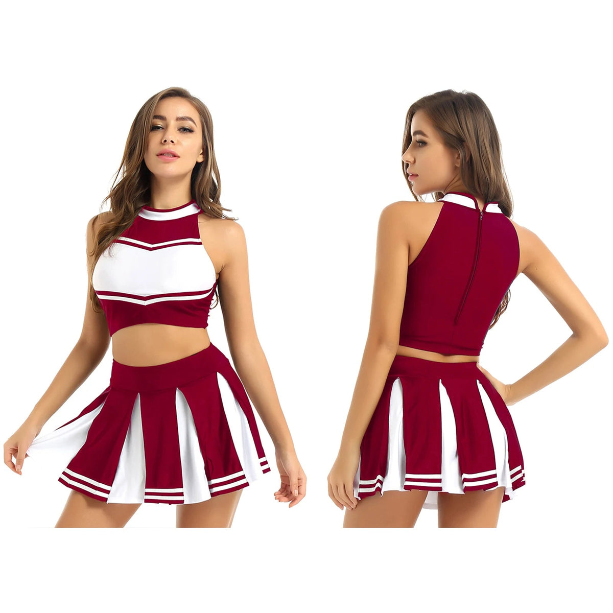Women's cheerleader cosplay costume with stand collar crop top and mini pleated skirt, perfect for carnival cheerleading performances.