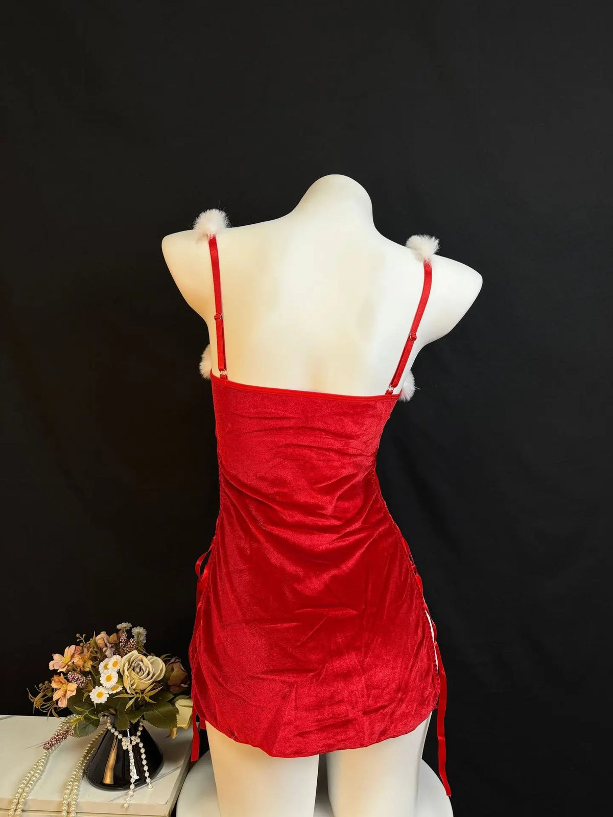Sparkling red women's fluffy velvet Christmas dress and thong 2-piece set with split straps, perfect for holiday parties and cosplay.