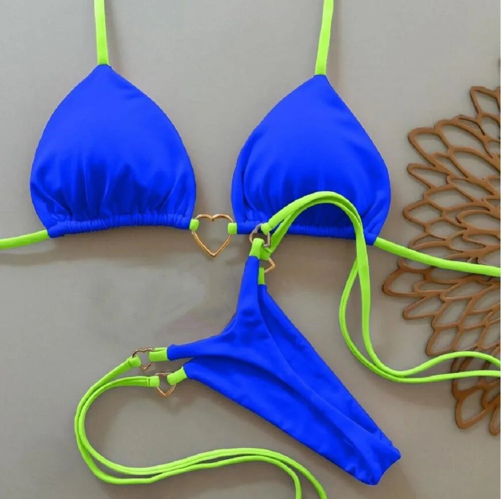 Solid color halter bikini set for women, two-piece swimsuit with triangle top and thong bottoms, by The Clothing Company Sydney