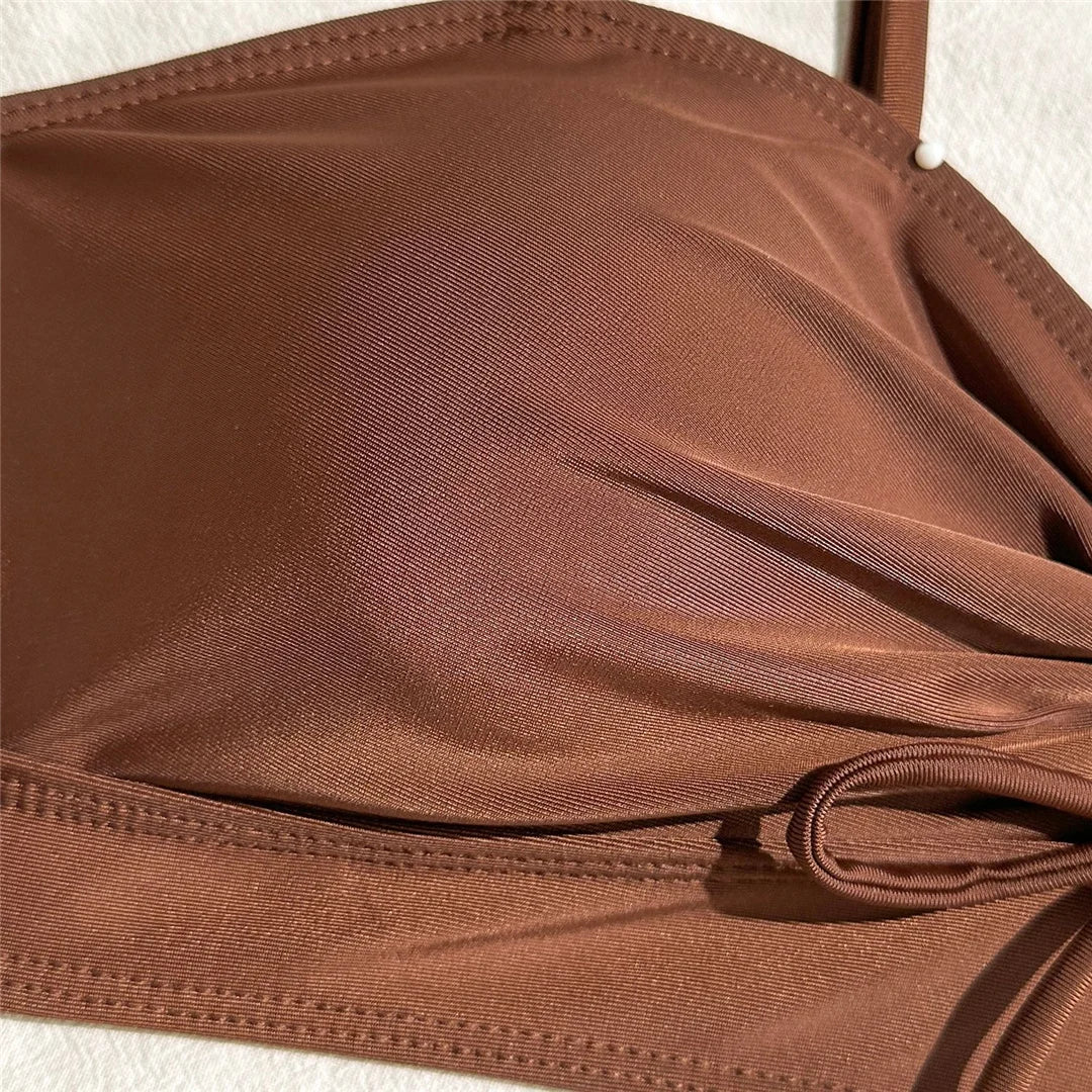 High-waist wrinkled knotted bikini set from The Clothing Company Sydney, featuring a stylish two-piece swimsuit for women.