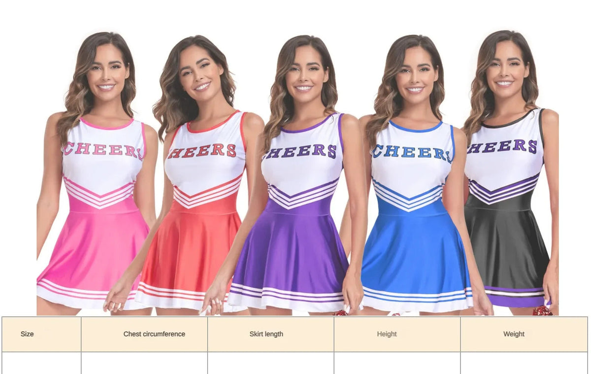 Cheerleader costume for women, includes sports uniform set with skirt and top, perfect for Halloween or cosplay events