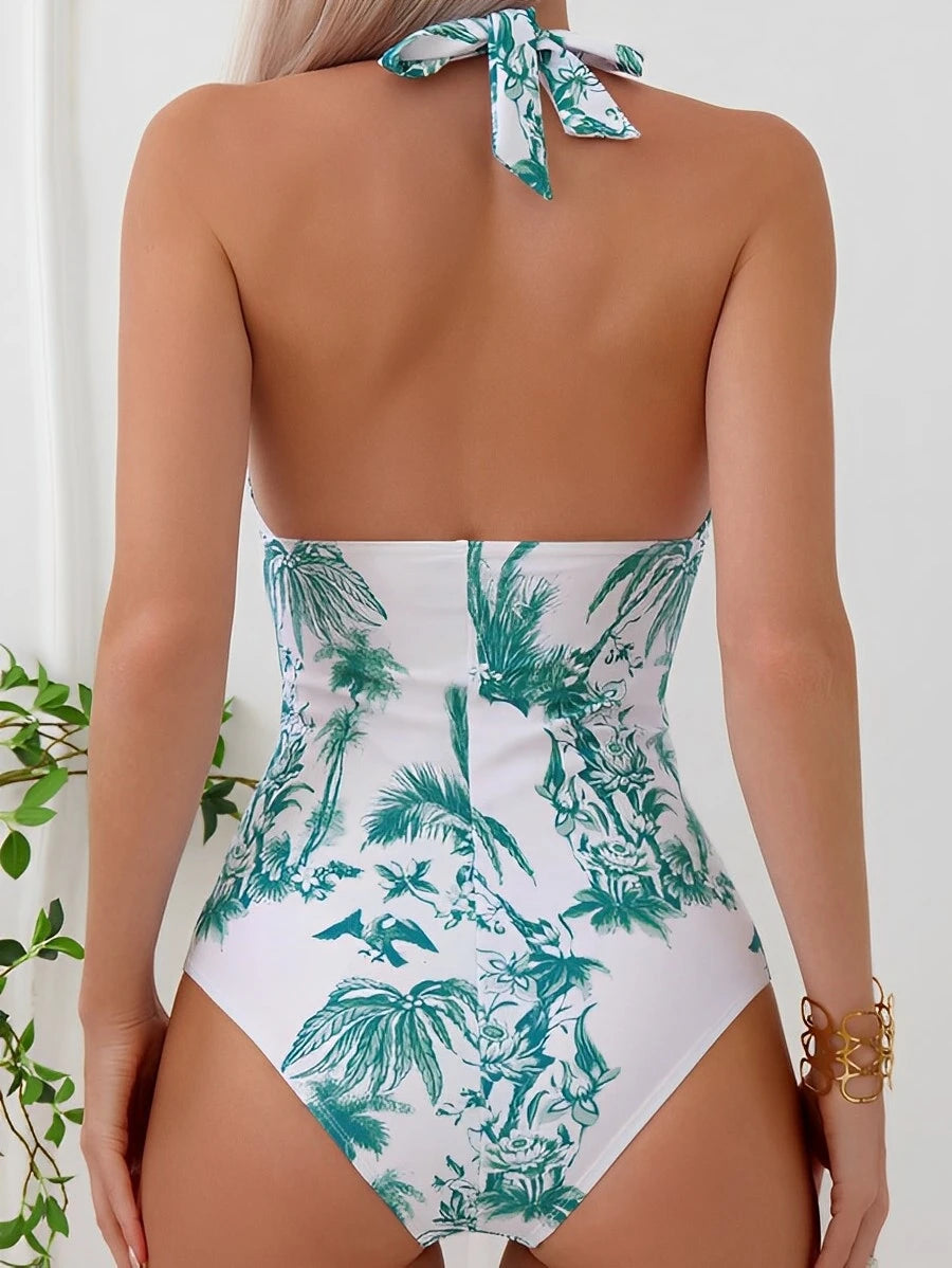 Ruched halter one-piece swimsuit by The Clothing Company Sydney, stylish beachwear with a flattering fit and swimwear design.