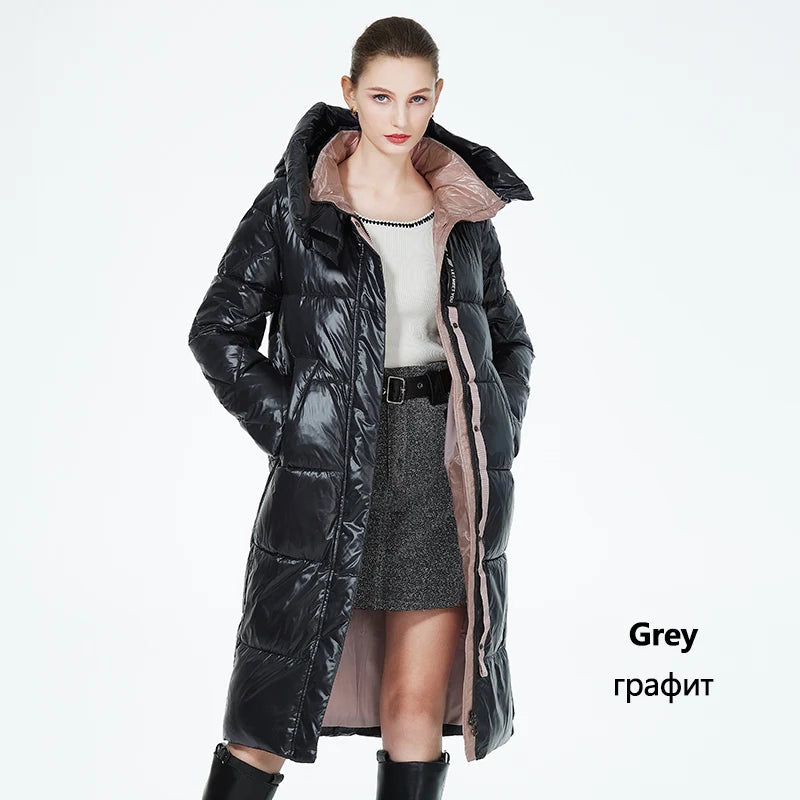 Women’s long hooded winter parka by The Clothing Company Sydney, thick quilted puffer jacket with front pockets.
