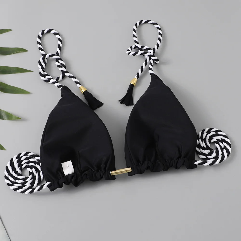 Two-piece triangle string bikini swimsuit by The Clothing Company Sydney, solid color thong swimwear for summer beachwear.