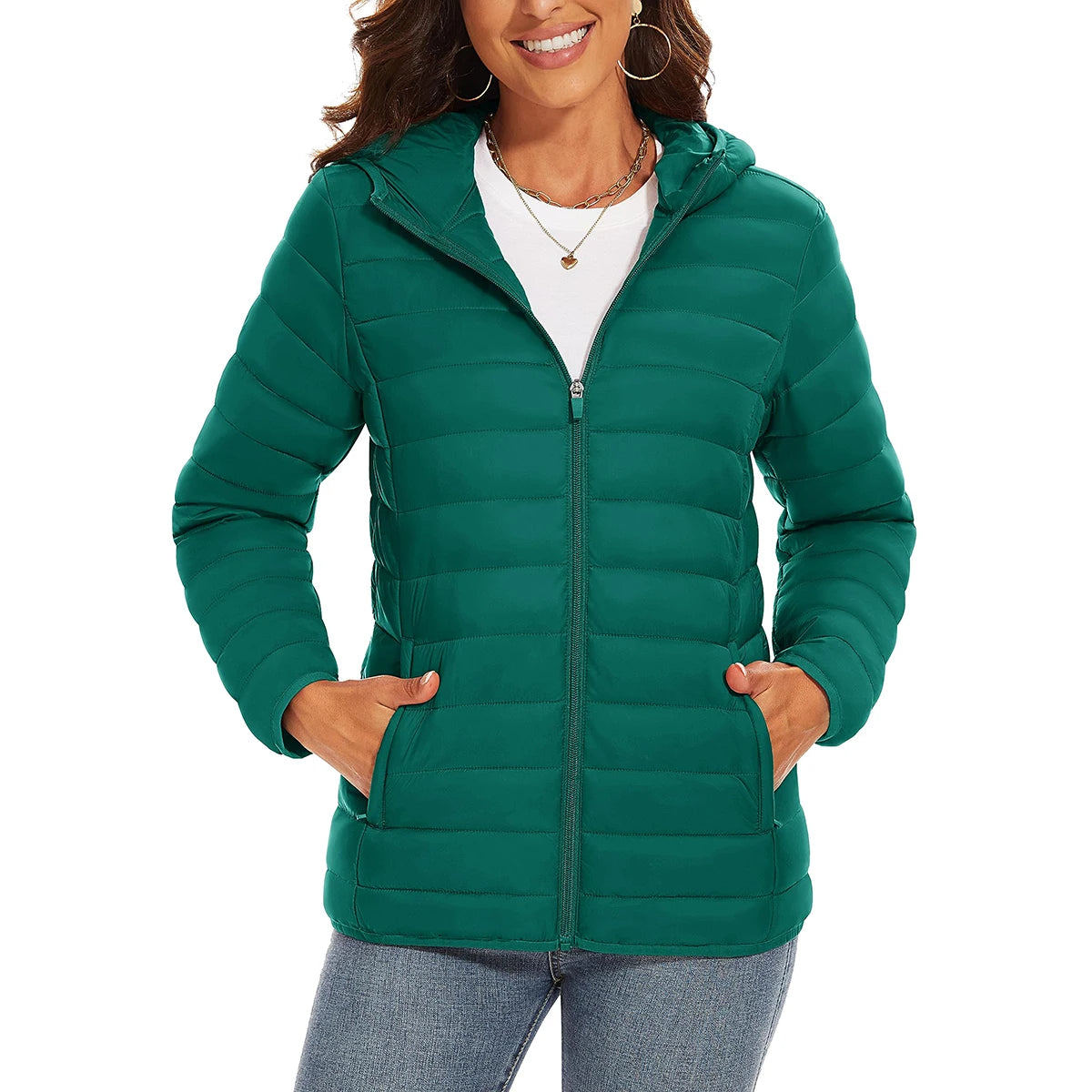 Women's quilted puffer hoodie jacket with multiple pockets, waterproof, lightweight down coat by The Clothing Company Sydney.
