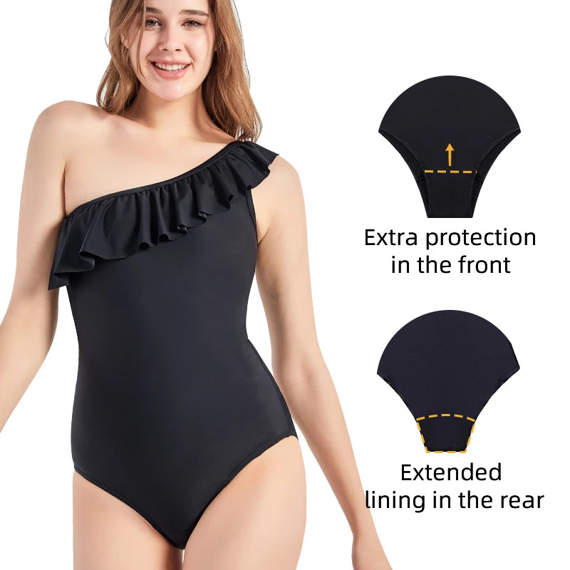 Men's menstrual swimsuit by The Clothing Company Sydney, one-piece leak-proof period swimwear with absorbent fabric for women at the beach