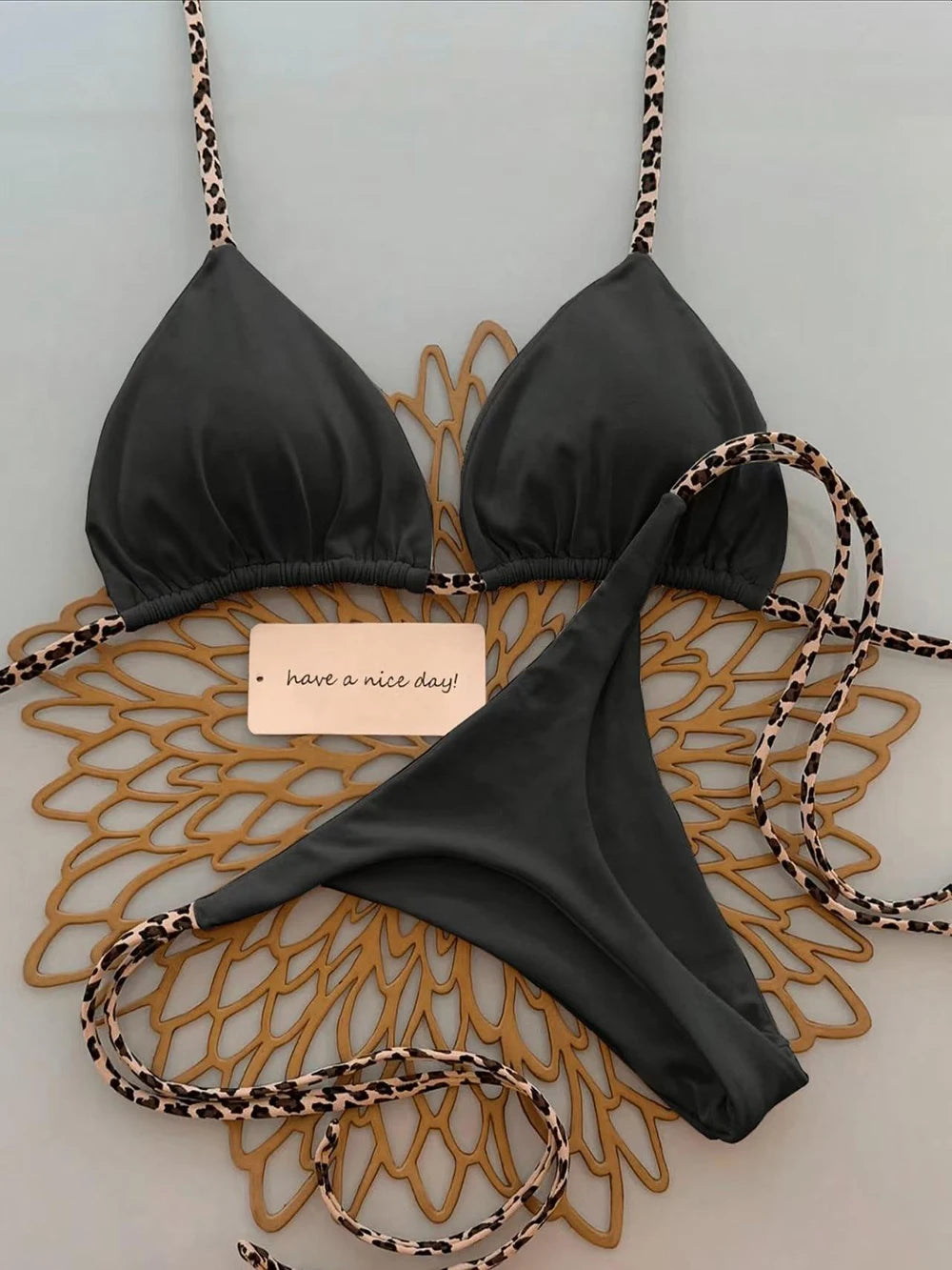 Halter Bikini Set Lace-Up Low Waist Two Piece Triangle Thong Swimwear Leopard Tie On Side Brazilian Micro Bikini Set