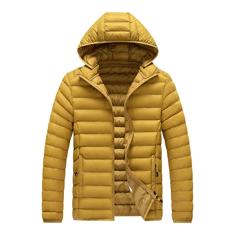 Men's hooded casual puffer down jacket by The Clothing Company Sydney, featuring a quilted design and front zipper.