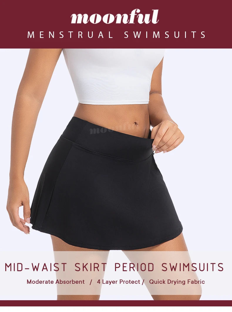 Menstrual swimsuit by The Clothing Company Sydney featuring a reusable swim bottom with skirt, designed for heavy flow women.