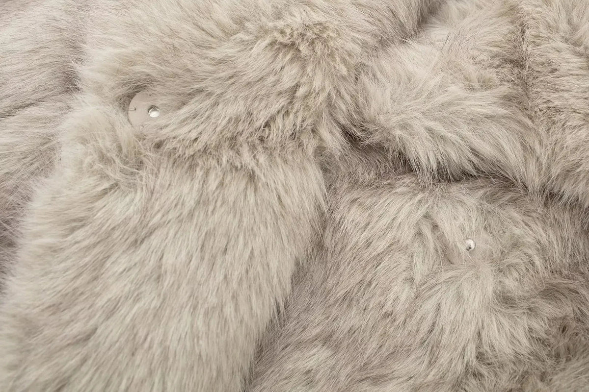 Women's cropped faux fur jacket with long sleeves, front snap buttons, chic lapel collar, thick outerwear by The Clothing Company Sydney.