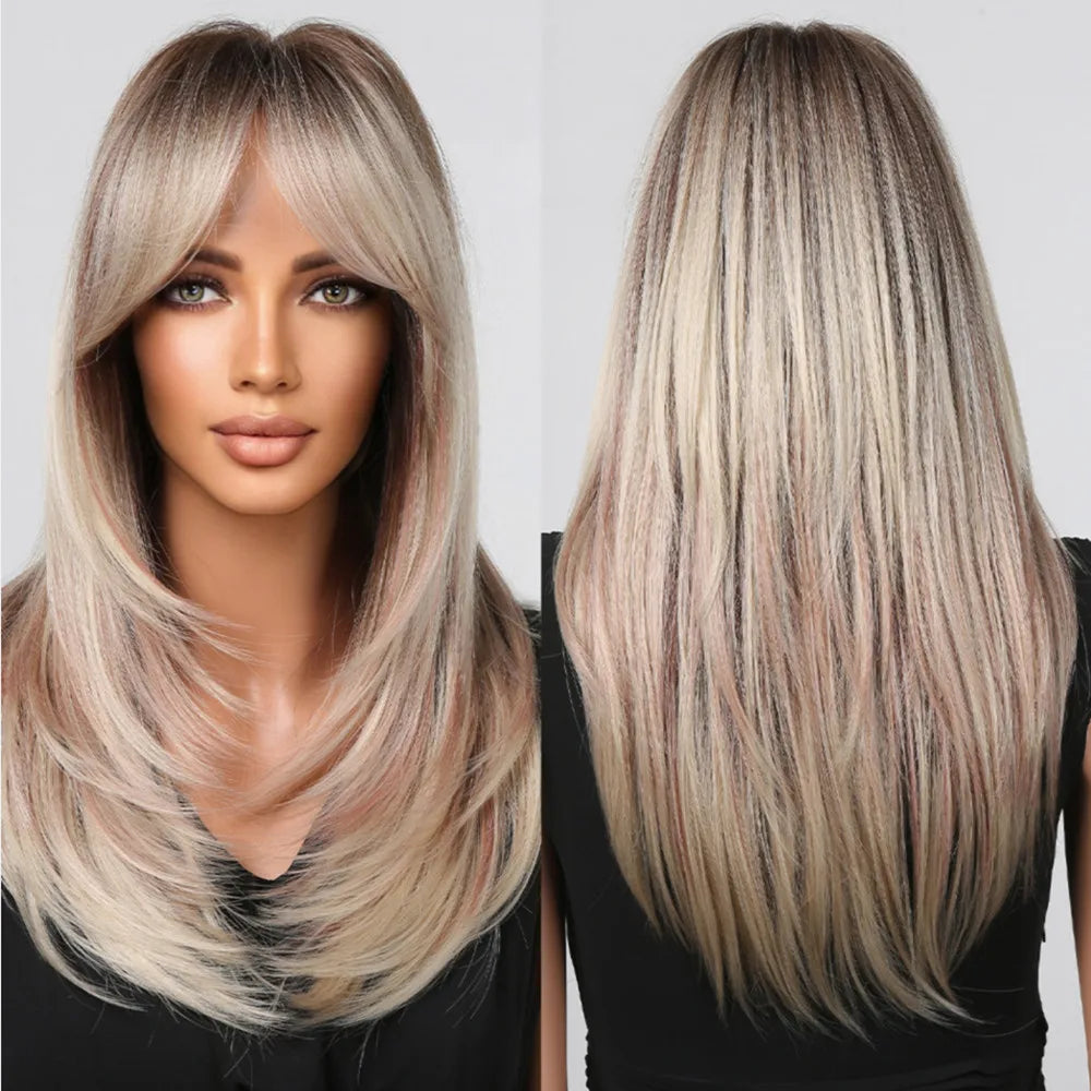 Long layered synthetic wig with black and pink ombre color, straight style, suitable for cosplay, by The Clothing Company Sydney.