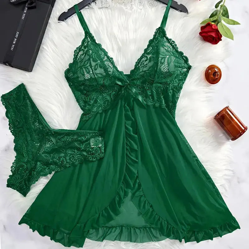 2-piece women's plus-size lace lingerie set with bra, suspender, thong and nightgown by The Clothing Company Sydney