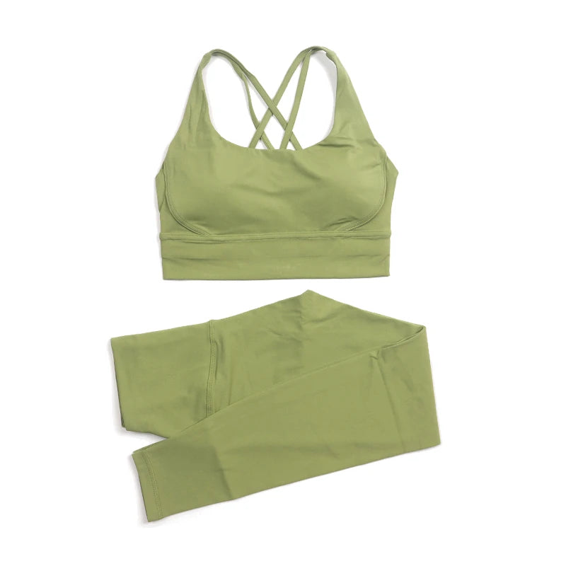 Nylon women's yoga and fitness set featuring leggings and sports bra from The Clothing Company Sydney, breathable gym sportswear.