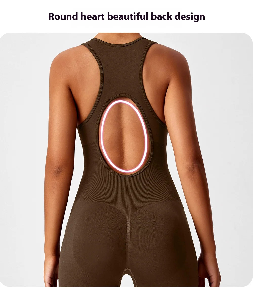 Seamless peach-colored one-piece yoga bodysuit by The Clothing Company Sydney, v-back design, ideal for gym and workout fitness.