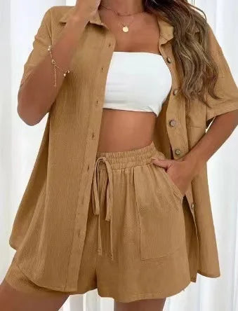 Casual Loose Single-breasted Top And Drawstring Shorts Set Fashion Ladies Suits Summer 2 Piece Set Matching Outfits - The Clothing Company Sydney