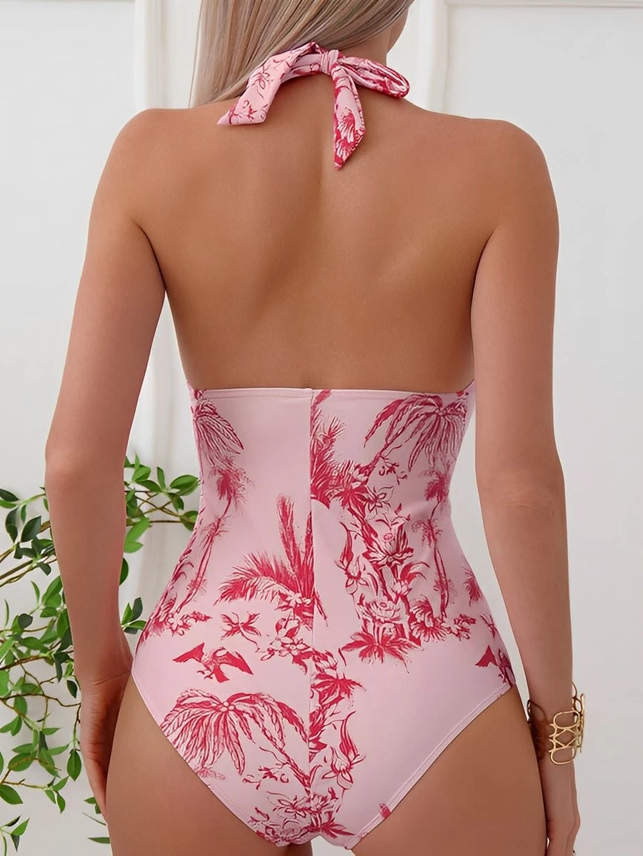 Ruched halter one-piece swimsuit by The Clothing Company Sydney featuring stylish beachwear design and vibrant swimwear fabric.