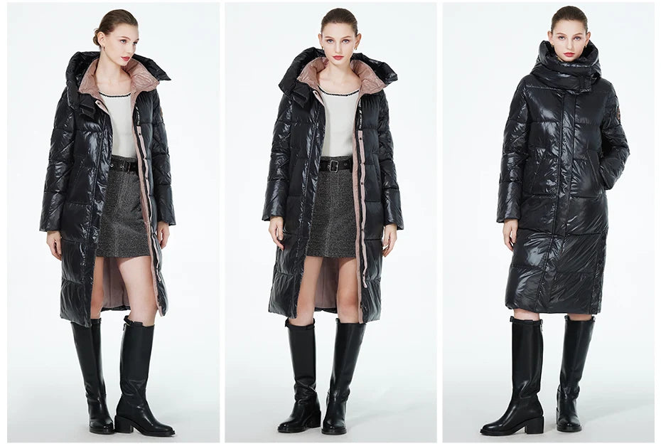 Women’s long hooded winter parka by The Clothing Company Sydney, thick quilted puffer jacket with front pockets.