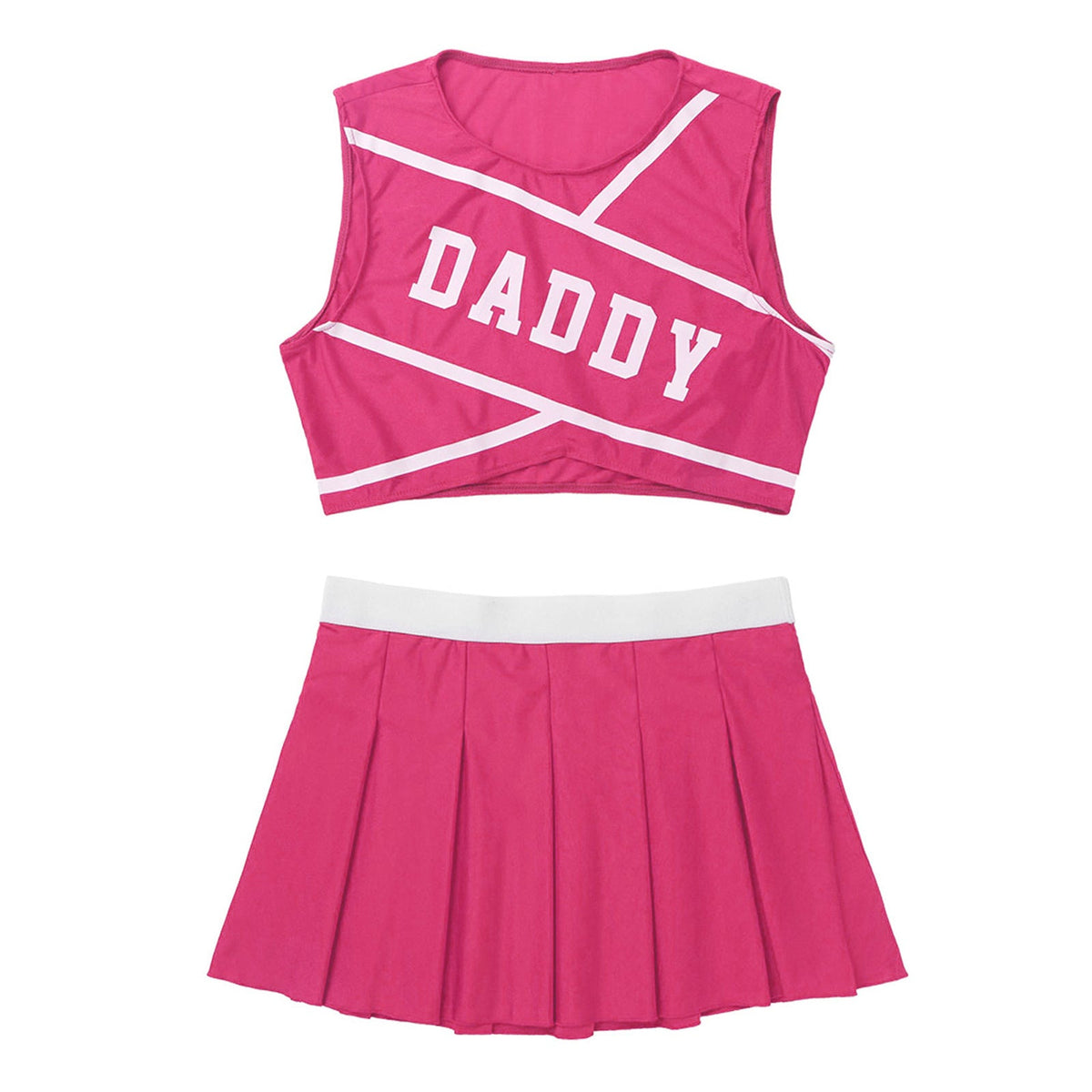Women's cheerleader cosplay costume with stand collar crop top and mini pleated skirt, by The Clothing Company Sydney.