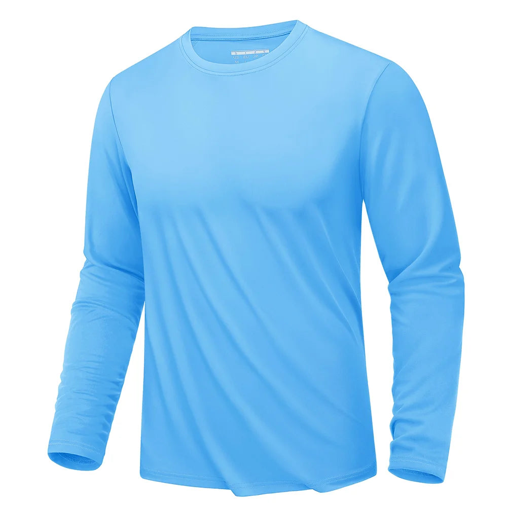 Men's quick-dry UPF 80+ sun protection sports T-shirt by The Clothing Company Sydney, long sleeve athletic rash guard for outdoor activities.