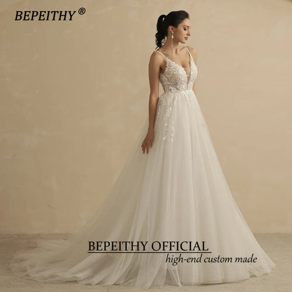 Deep V Neck Spaghetti Straps A Line Lace Wedding Dresses Glittler Sleeveless Boho Bridal Party Gown The Clothing Company Sydney