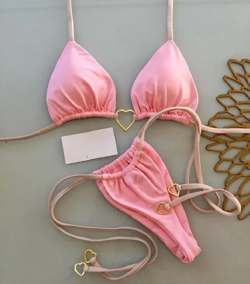 Solid color halter bikini set for women with triangle top and thong style, from The Clothing Company Sydney swimwear collection.