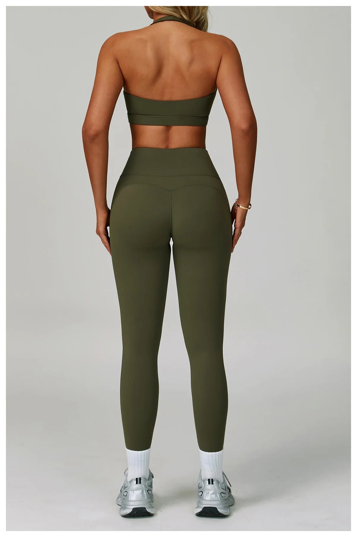 Women's fitness tracksuit set by The Clothing Company Sydney, high waist leggings and sports bra for yoga and workout activities.