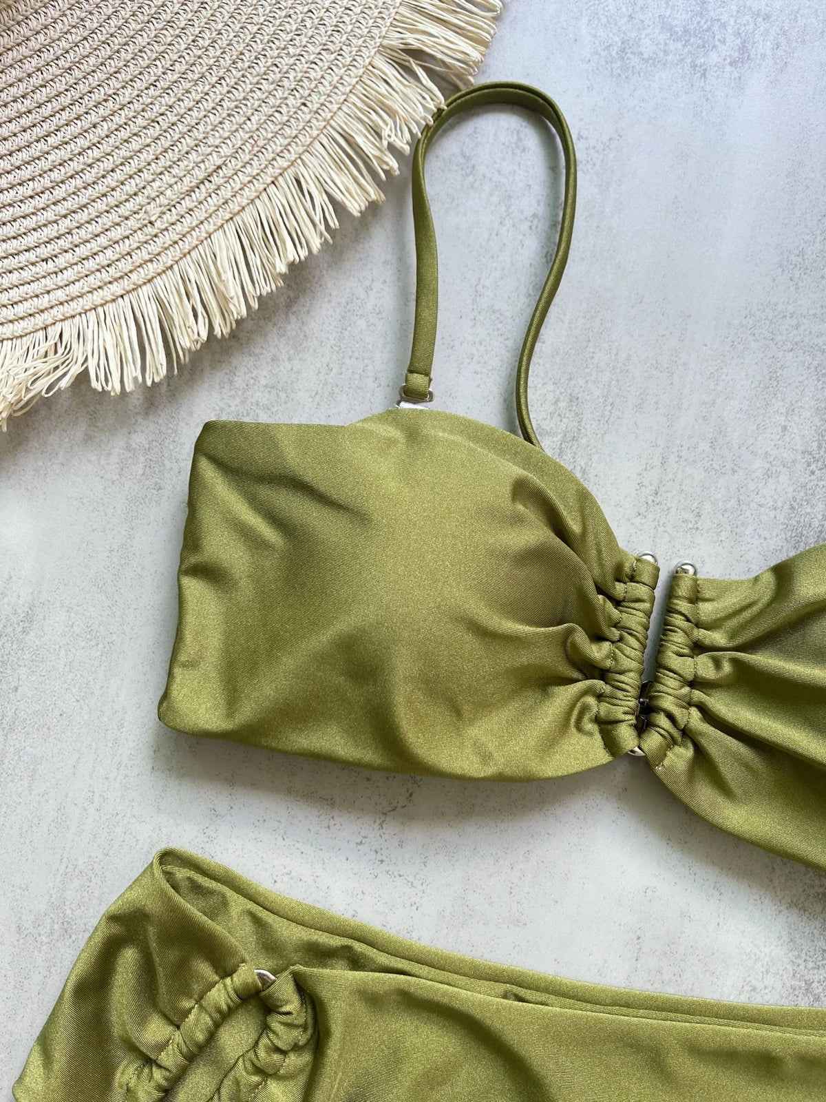 Two-piece bandeau bikini swimsuit with push-up design, solid color, thong style, ideal for beachwear, by The Clothing Company Sydney.