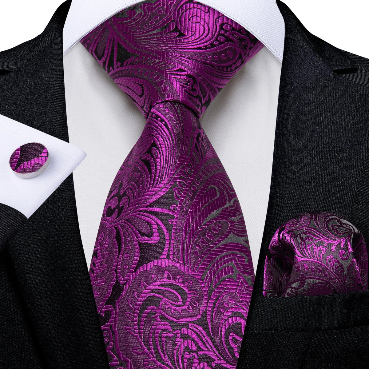 Luxury purple paisley silk tie set for men by The Clothing Company Sydney, featuring an 8cm wide accessory in a stylish gift box