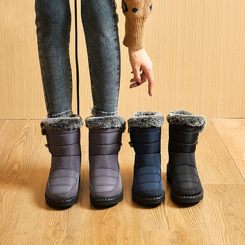 Waterproof winter women's boots with faux fur, plush lining, platform sole, ankle height, warm cotton mix shoes by The Clothing Company Sydney.