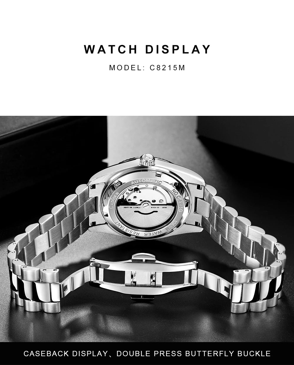 Cadisen DD40 men's luxury automatic wristwatch with sapphire glass and Miyota 8285 movement, featuring a sleek mechanical design