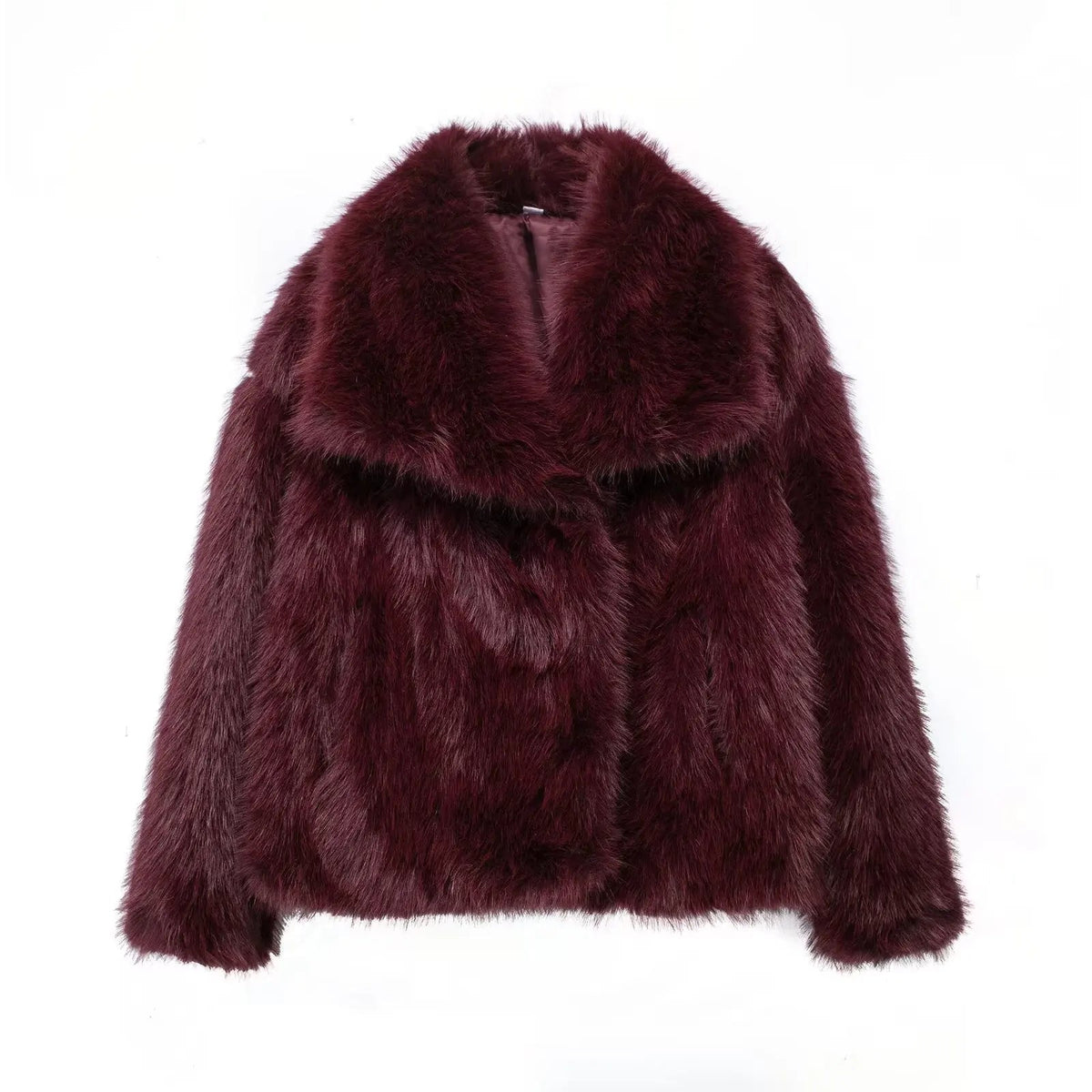 Women's cropped faux fur jacket by The Clothing Company Sydney featuring long sleeves, snap buttons, lapel collar, and thick outerwear.