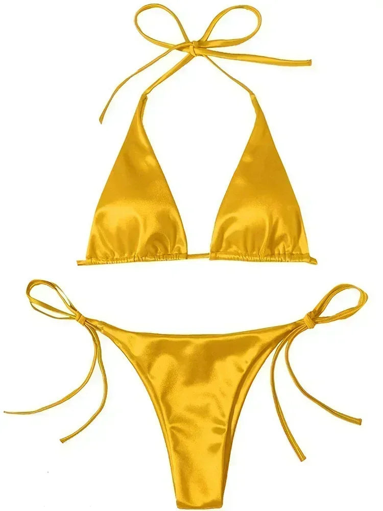 Two-piece Brazilian metallic satin swimsuit by The Clothing Company Sydney featuring a halter top and high-cut bikini bottom.