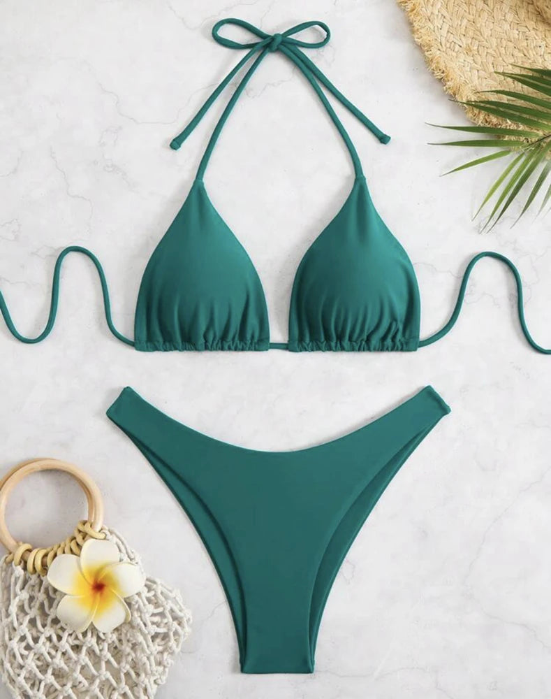 2 Piece Thong Bikini Solid White/Black/Coffee Halter Swimsuit Lace Up Brazilian Bathing Suit Double Fabric Beachwear The Clothing Company Sydney