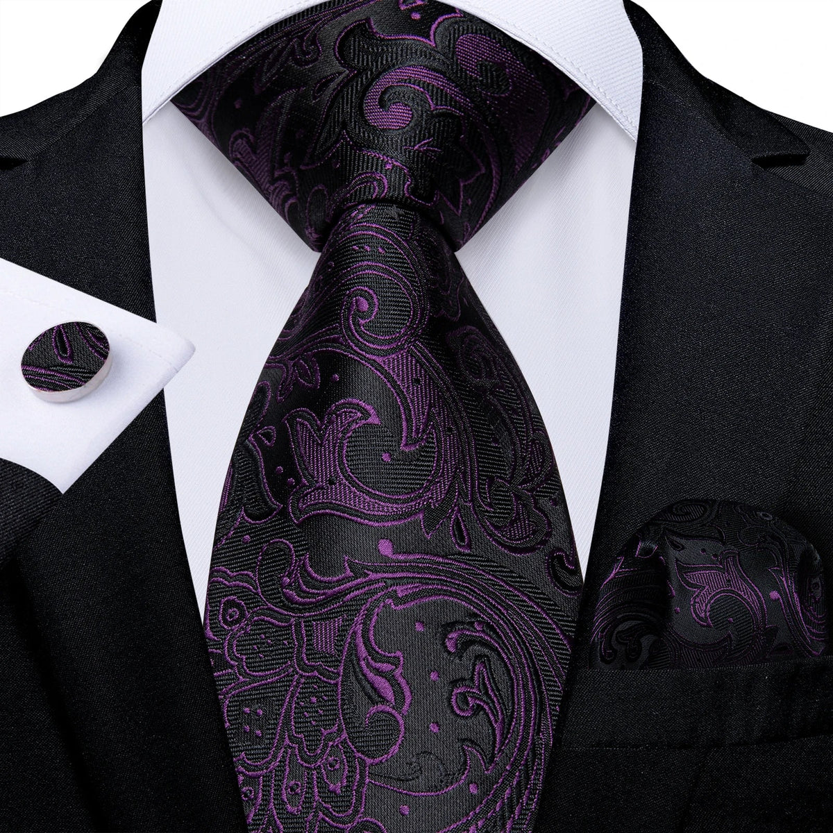 Luxury purple paisley silk tie set for men by The Clothing Company Sydney, featuring an 8cm silk tie and matching accessories.