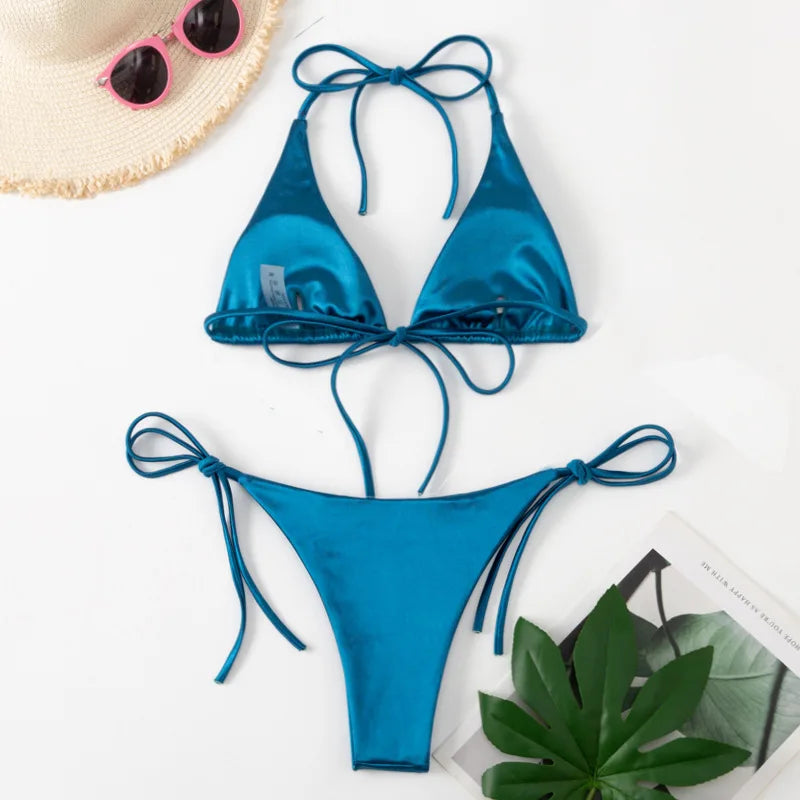 Two-piece Brazilian metallic satin bikini set with halter top and high-cut bottoms from The Clothing Company Sydney, perfect for beachwear.
