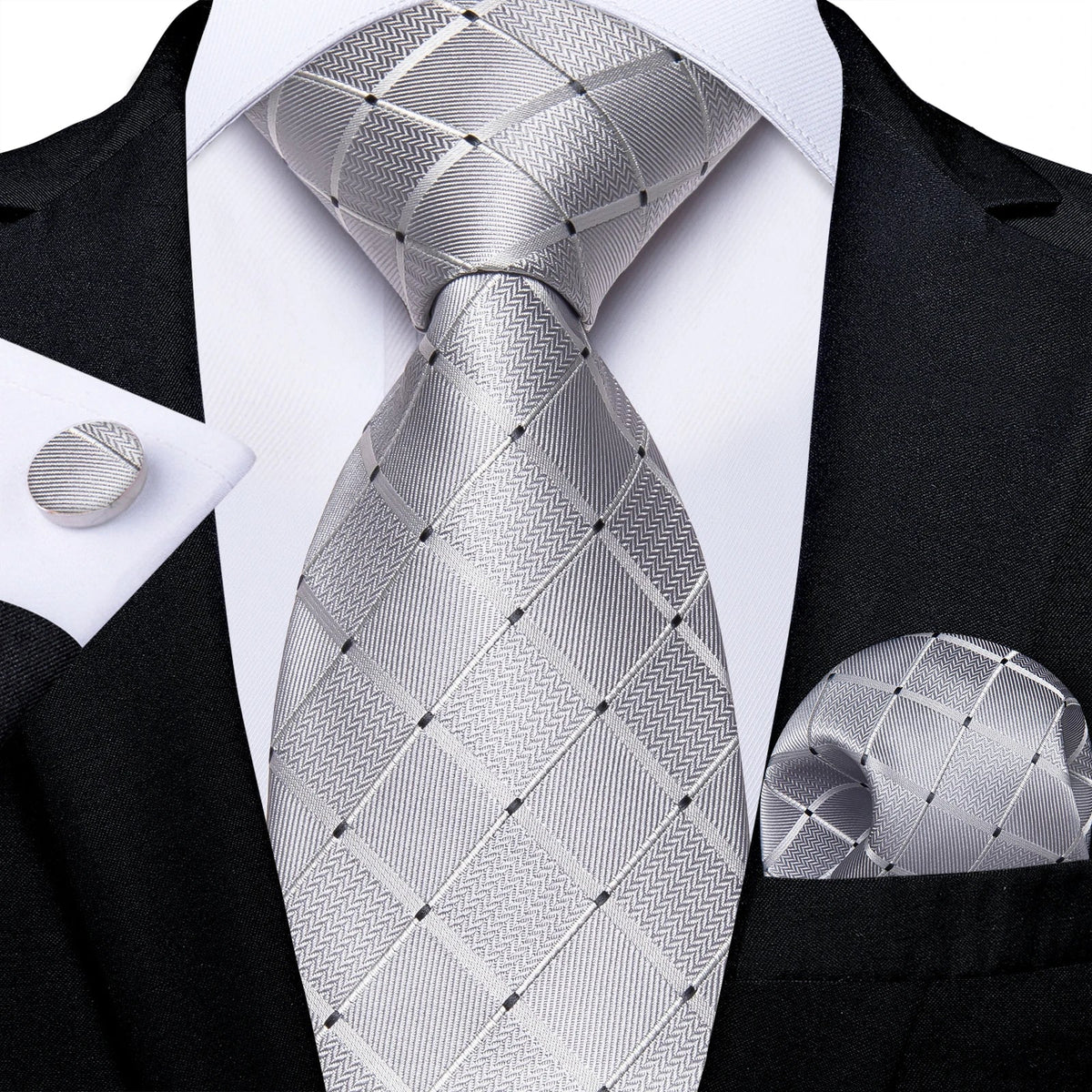 Men's gray paisley silk tie set with matching pocket square and cufflinks, perfect for wedding or formal occasions.
