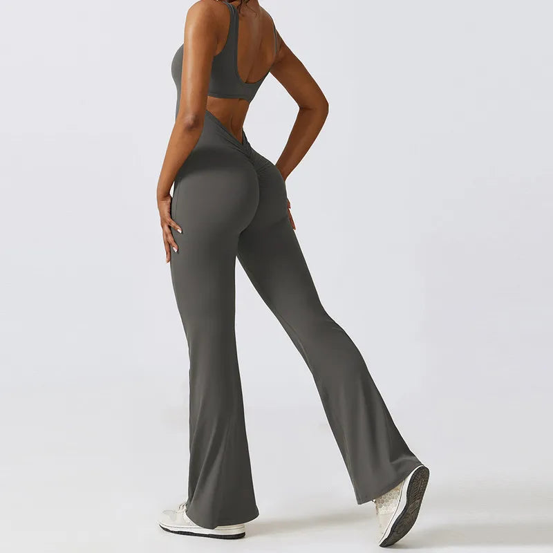 Open back V jumpsuit gym set by The Clothing Company Sydney, women's fitness yoga and sports romper for stretch workout and training.